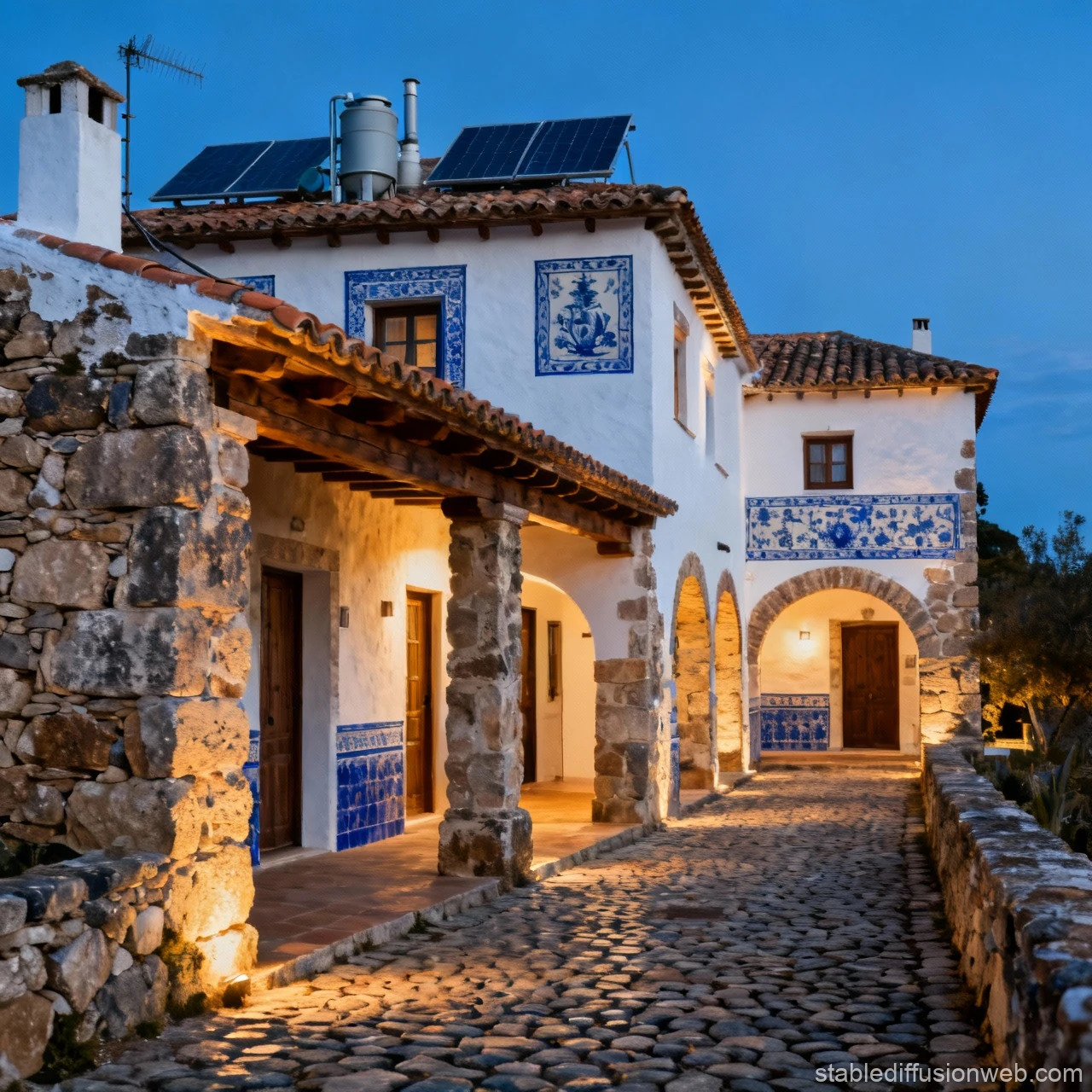 Stone villa with arched doorway and blue tile decorations at dusk
