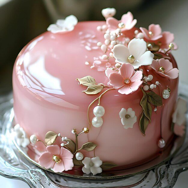 Glossy pink cake with sugar flowers, leaves, and pearl decorations on a silver stand