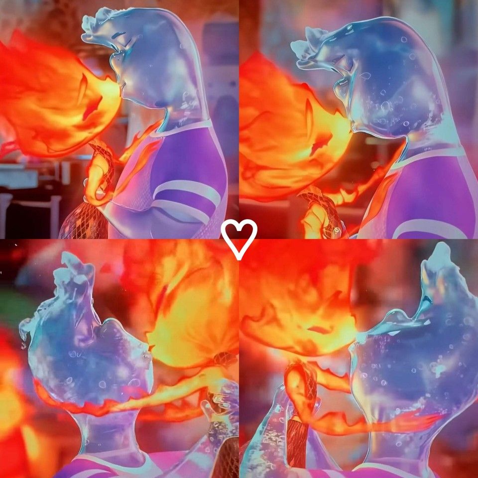Four-panel collage of blue and orange animated Elemental characters in close-up