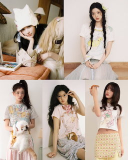 Four-photo collage of a young woman in pastel outfits posing indoors, with a small white dog in one image.
