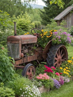 Rusty vintage tractor decorated with vibrant flowering plants in a garden