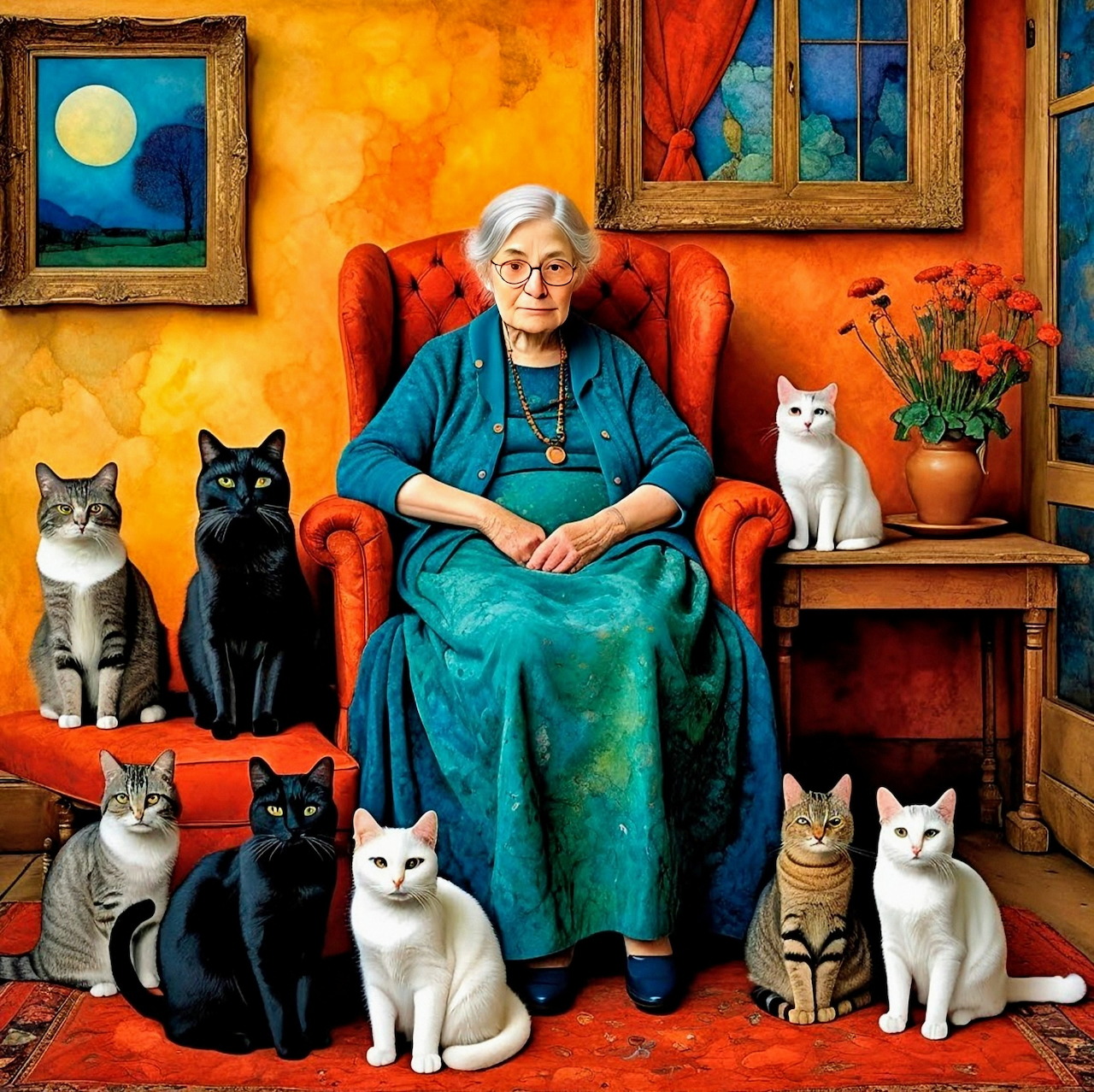 Elderly Woman with Cats