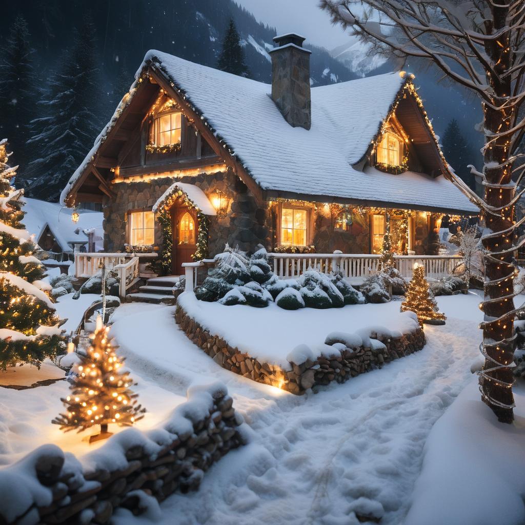 Snow-covered cottage with Christmas lights and decorated trees in winter evening scene