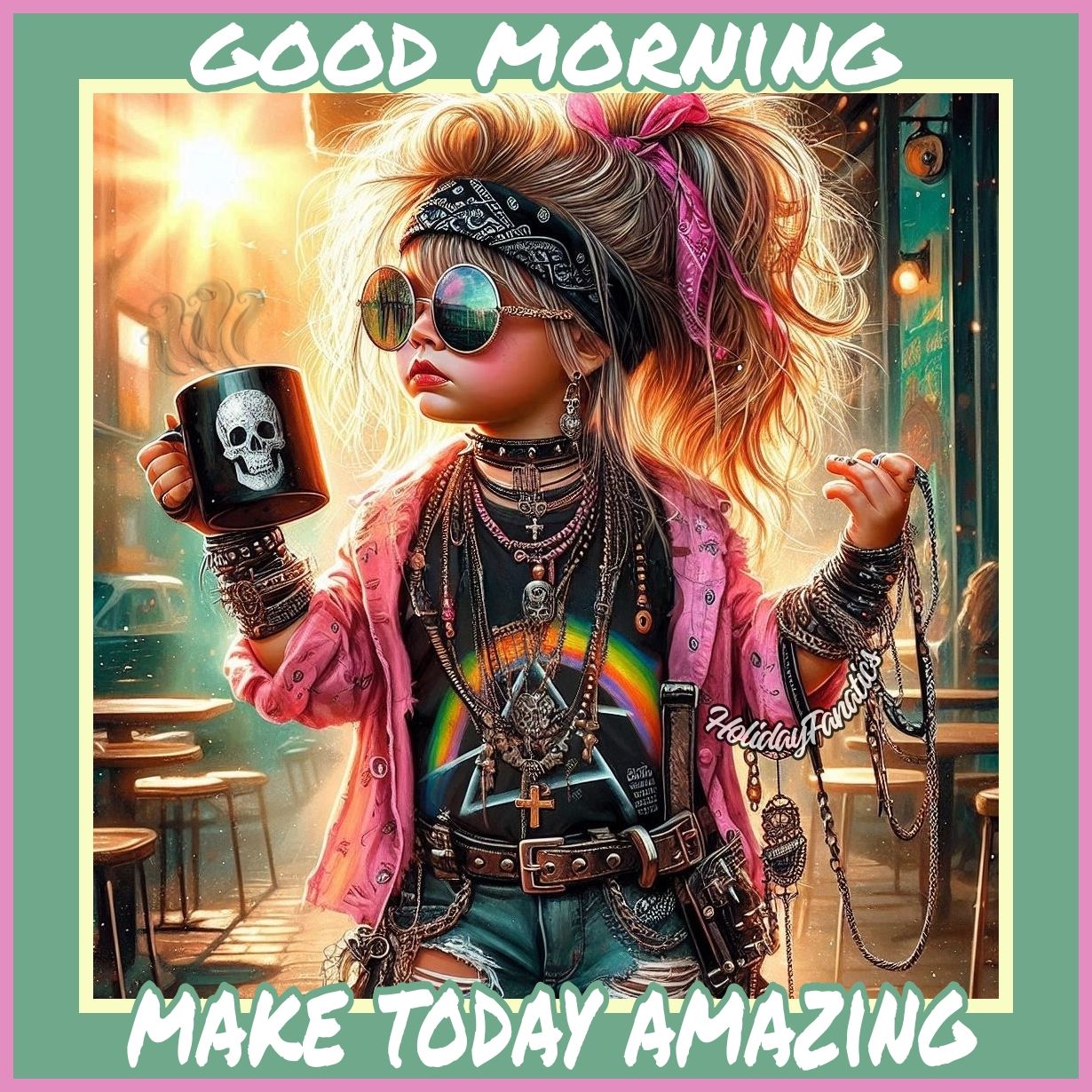 Stylish illustrated girl in sunglasses holding a coffee mug inside a cafe