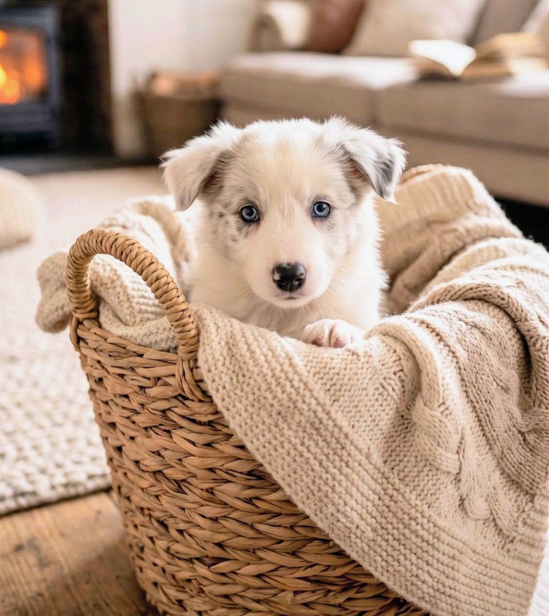 White blue-eyed puppy sitting in a wicker basket with a beige knitted blanket indoors