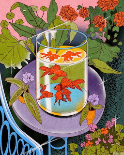 Illustrated glass bowl with orange goldfish surrounded by tropical plants and flowers on purple table