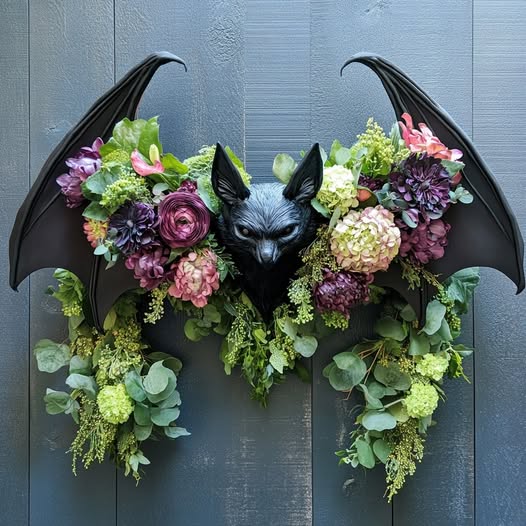 Black bat-shaped wreath with purple flowers and green foliage on a wooden door