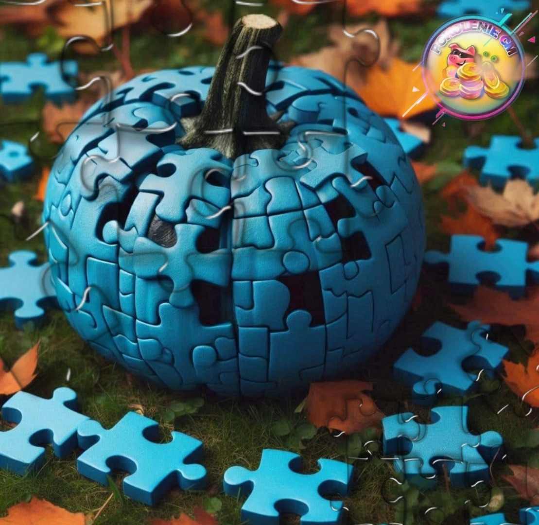 Blue pumpkin made of puzzle pieces on grass with loose blue pieces and autumn leaves