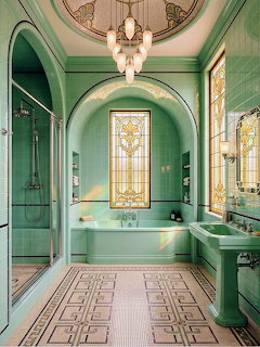 Luxurious Art Deco bathroom with mint green tiles, bathtub, chandelier, and geometric floor pattern