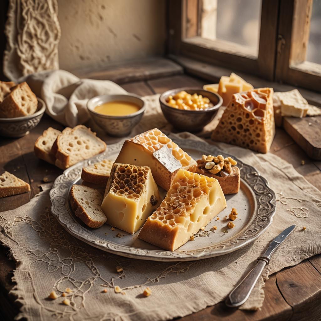 Artisan cheese blocks with honeycomb and bread on rustic wooden table in natural sunlight