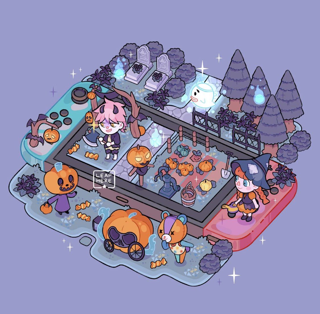 Isometric cartoon Halloween garden with chibi characters, pumpkins, gravestones, ghost, and spooky decorations
