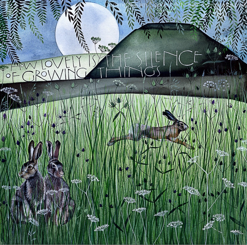 Painting of two rabbits in a grassy meadow before a dark hill under a large moon