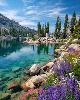 Turquoise mountain lake with rocks, pine trees, and purple wildflowers along the shore