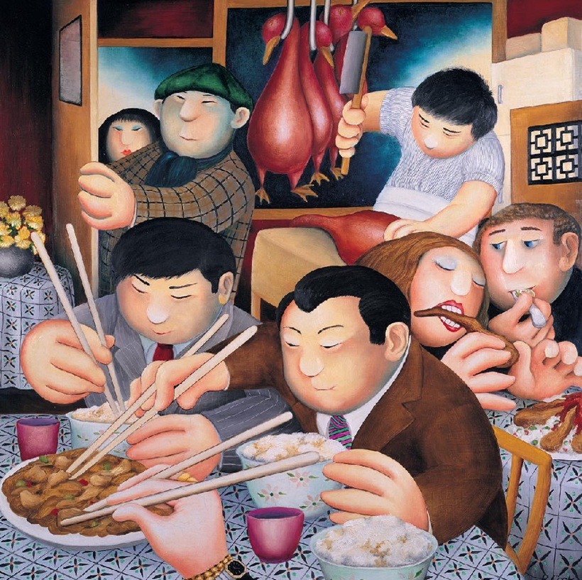 Illustration of Asian family members eating dinner together at a table with various dishes