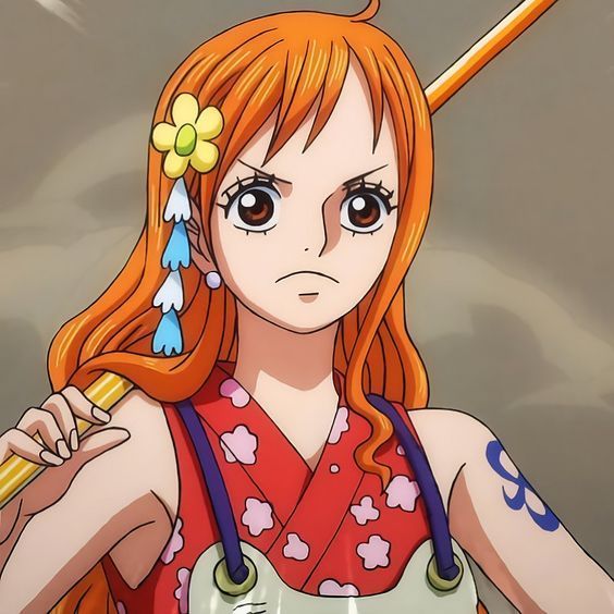 Anime girl with orange hair in red kimono holding wooden staff