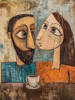 Stylized painting of a bearded man and woman facing each other with a coffee cup between them