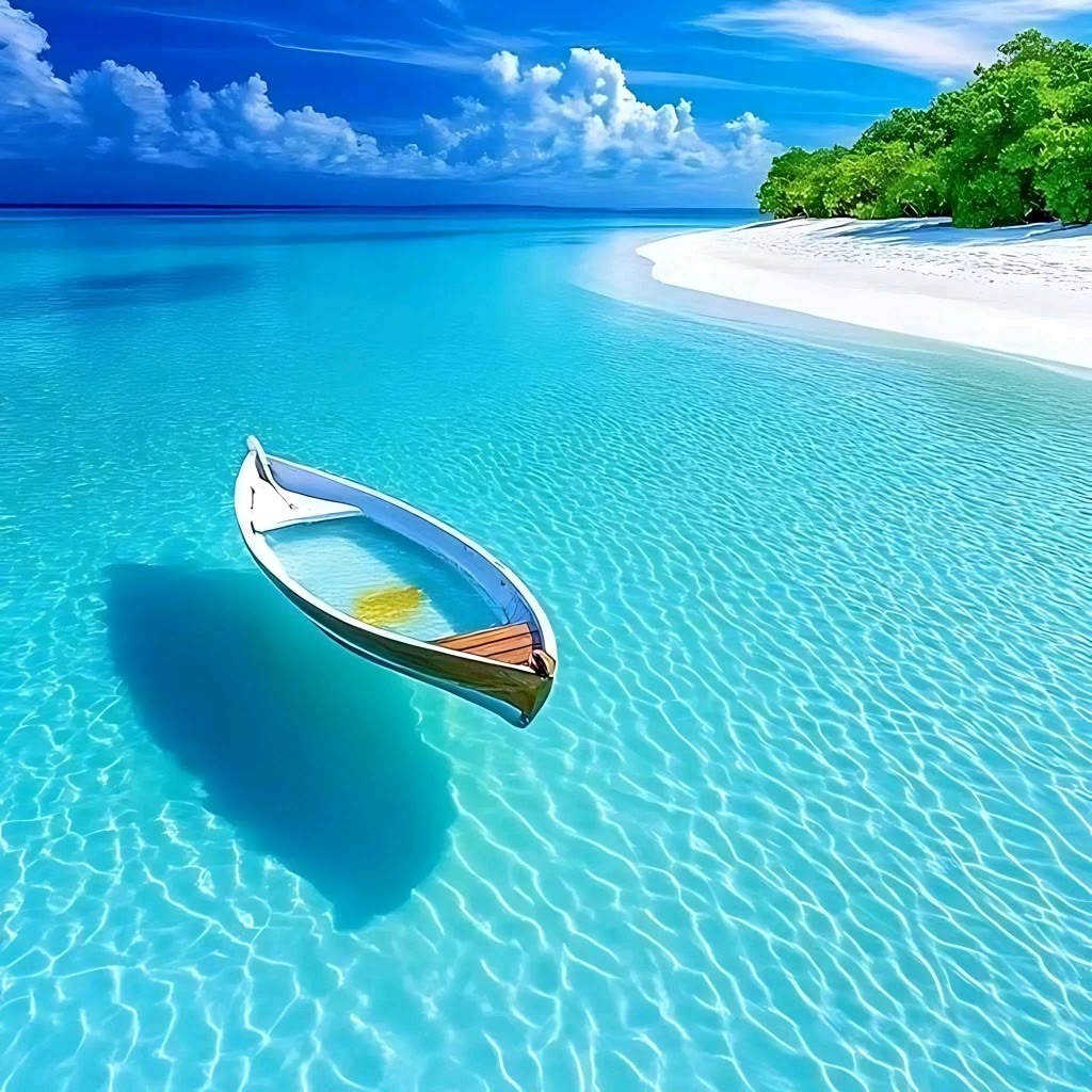 Small wooden boat in shallow turquoise water by a white sandy tropical beach