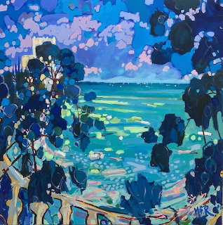 Colorful coastal painting with turquoise water, blue trees, and a white railing in the foreground
