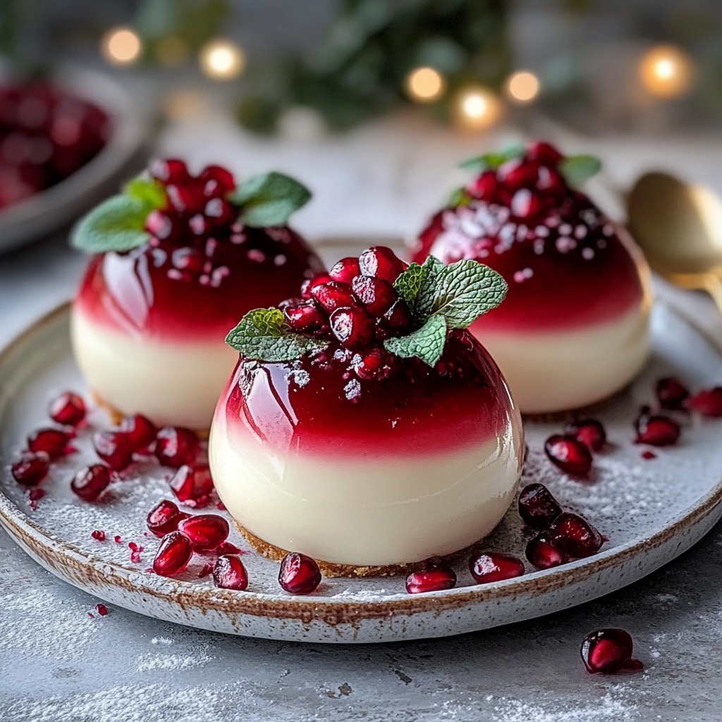Three white desserts with red jelly tops, garnished with pomegranate and mint on a plate