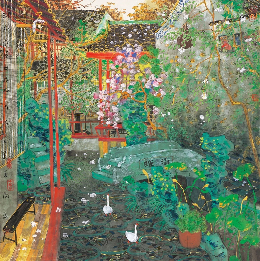 Colorful painting of garden with white geese, pink blossoms, bamboo, red wooden structure, and lush greenery