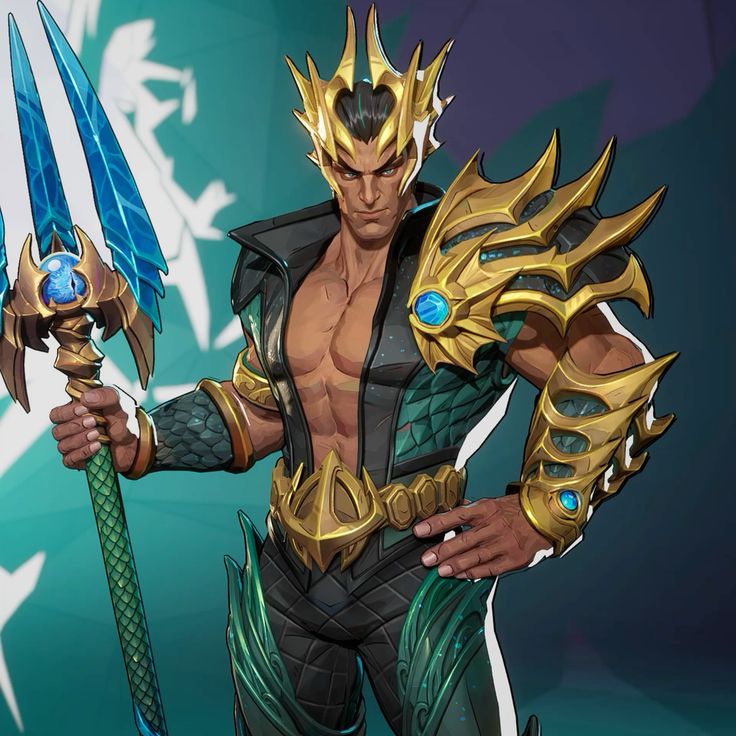 Illustrated Namor holding a trident in gold and teal armor with a bare chest