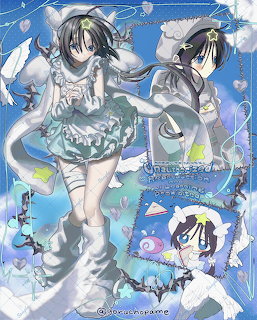 Blue anime collage with a maid-style girl, character portrait, and small chibi figure