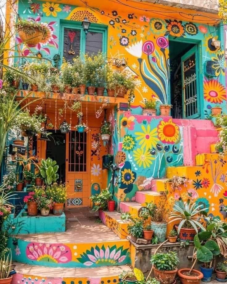 Colorful house facade with painted flowers, potted plants, turquoise windows, and bright stairs