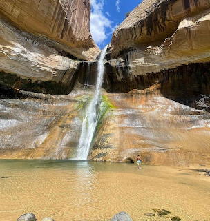 Waterfall flowing down colorful striped canyon walls into a tranquil desert pool