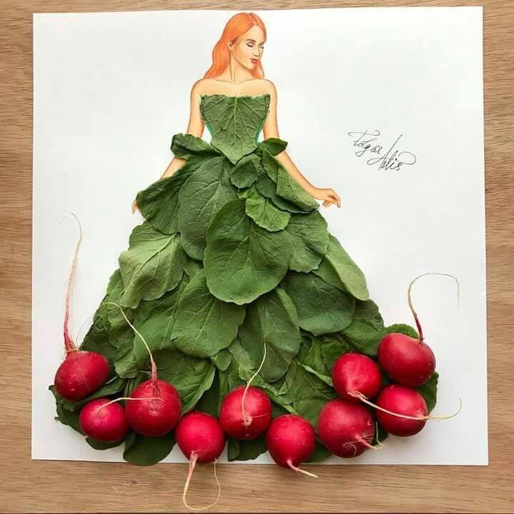 Fashion illustration of a woman in a dress made from green radish leaves with red radishes at the hem