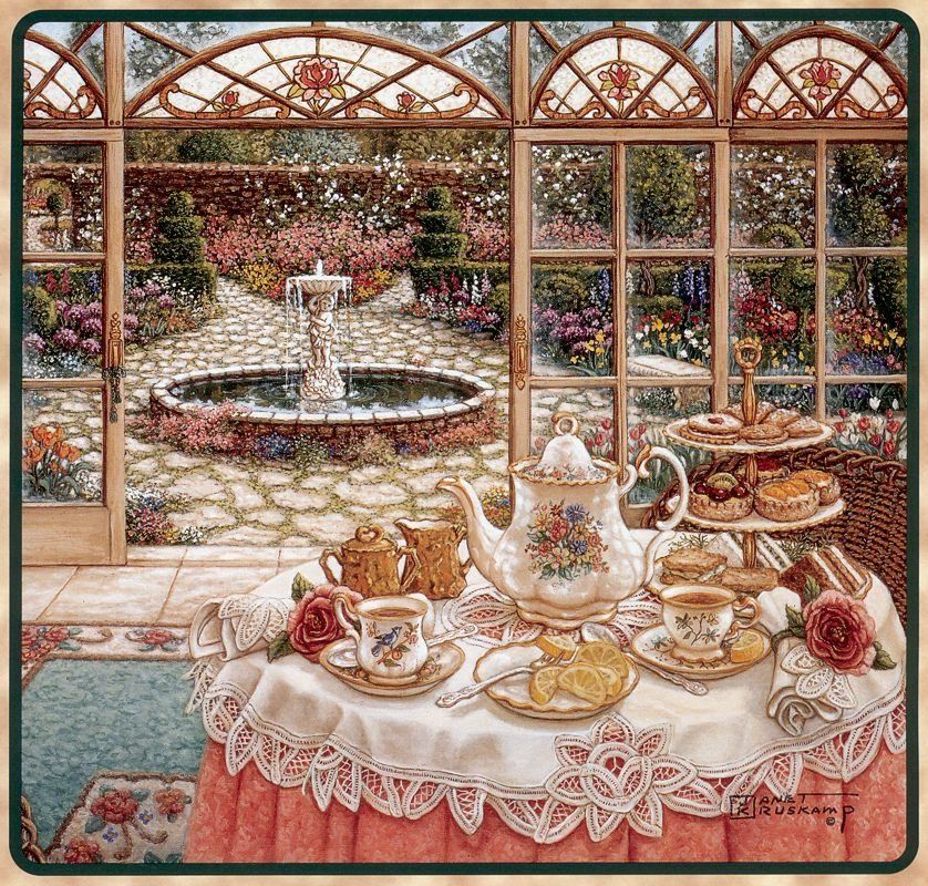 Afternoon tea table in conservatory overlooking garden fountain with tiered cakes and china teapots on lace cloth