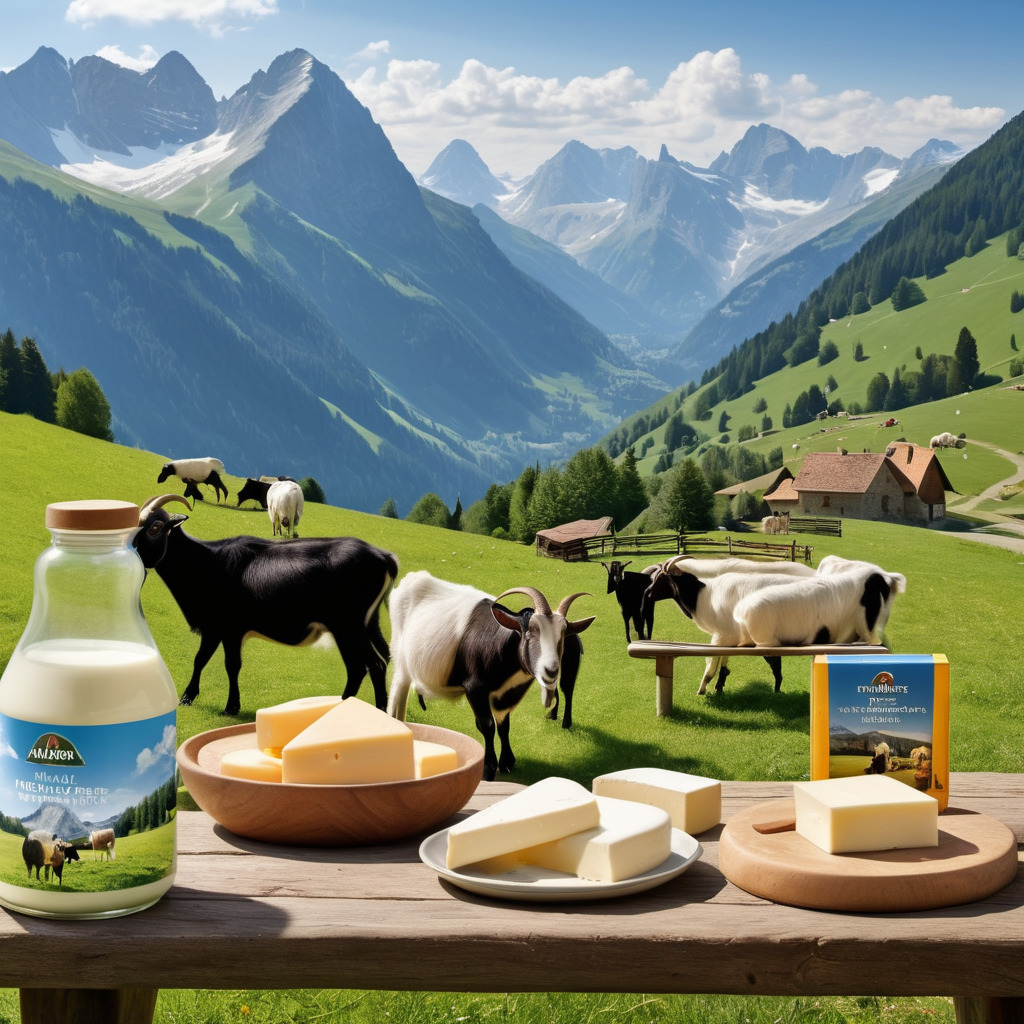Milk, cheese, and cows in an alpine meadow with mountains and farm houses behind