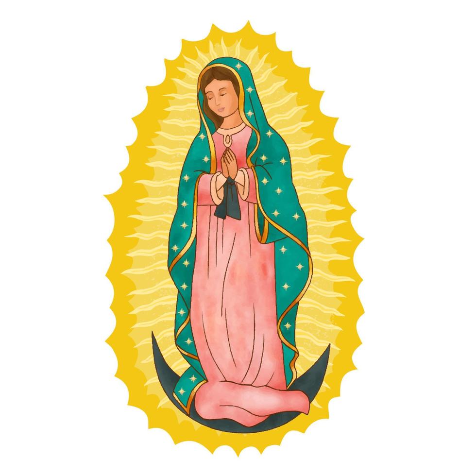 Illustration of Our Lady of Guadalupe with golden rays, pink robe, and blue starry mantle