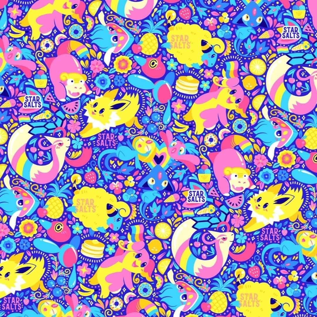 Colorful cartoon pattern with unicorns, bears, stars, moons, and abstract shapes