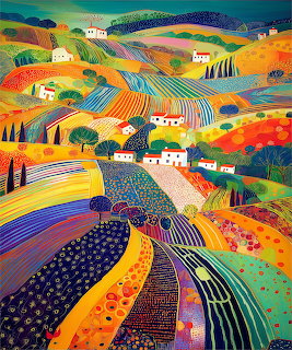Colorful illustration of rolling farm hills with patchwork fields, white houses, and cypress trees in vivid patterns