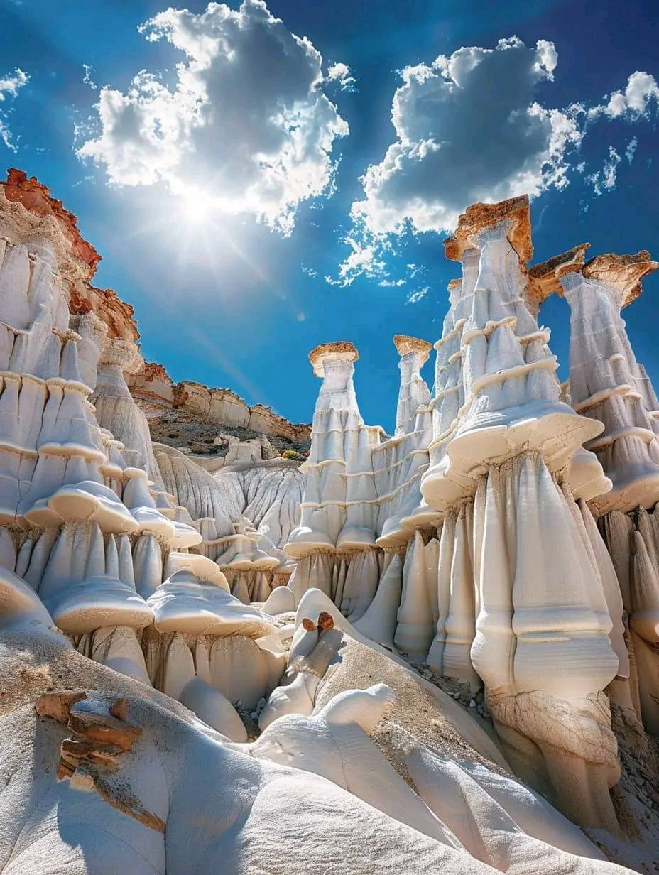 Tall white eroded rock formations in New Mexico valley under bright blue sky with sunburst and white clouds