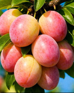 Close-up of ripe pink and yellow plums clustered on a tree branch with green leaves