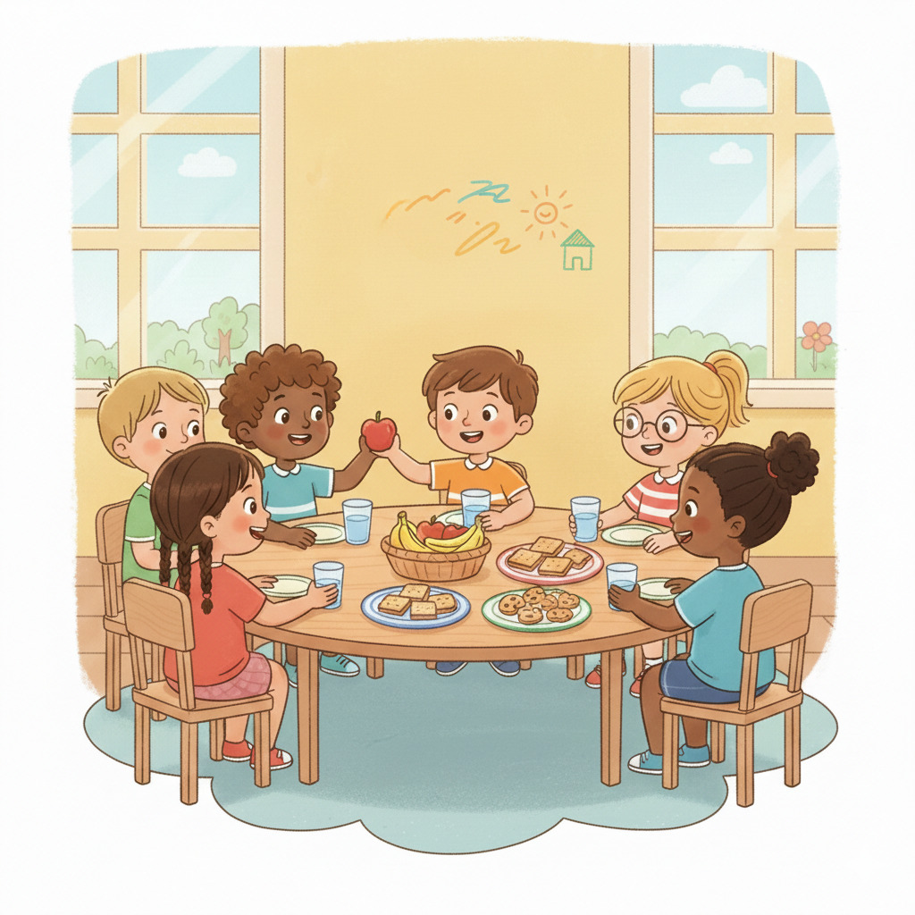 Cartoon of five children sitting around a table with fruit, snacks, and drinks in a classroom
