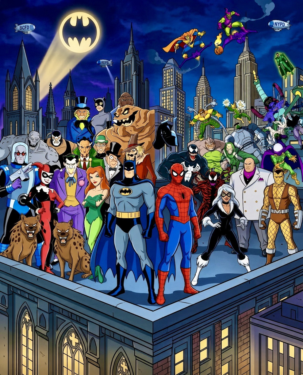 Batman and Spider-Man stand among numerous comic heroes and villains on a city rooftop.