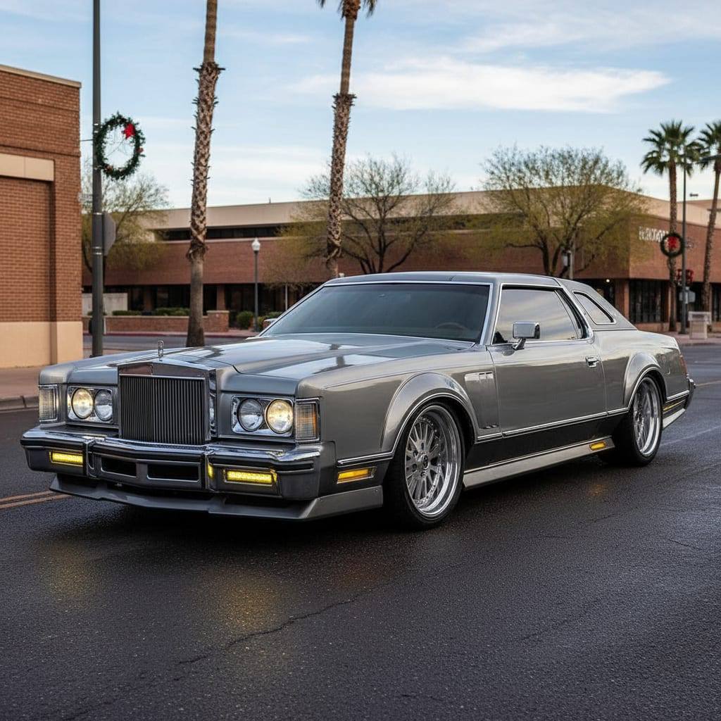 Classic silver coupe parked on a wet street with palm trees and buildings behind it