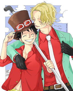 Two smiling anime boys in red coats, one with a top hat and one with a straw hat, standing together