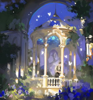 Glowing white gazebo in a blue moonlit garden with flowers and butterflies