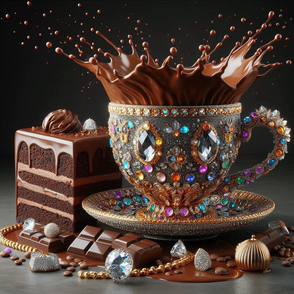 Gem-studded coffee cup with chocolate splash beside a layered cake slice and chocolates
