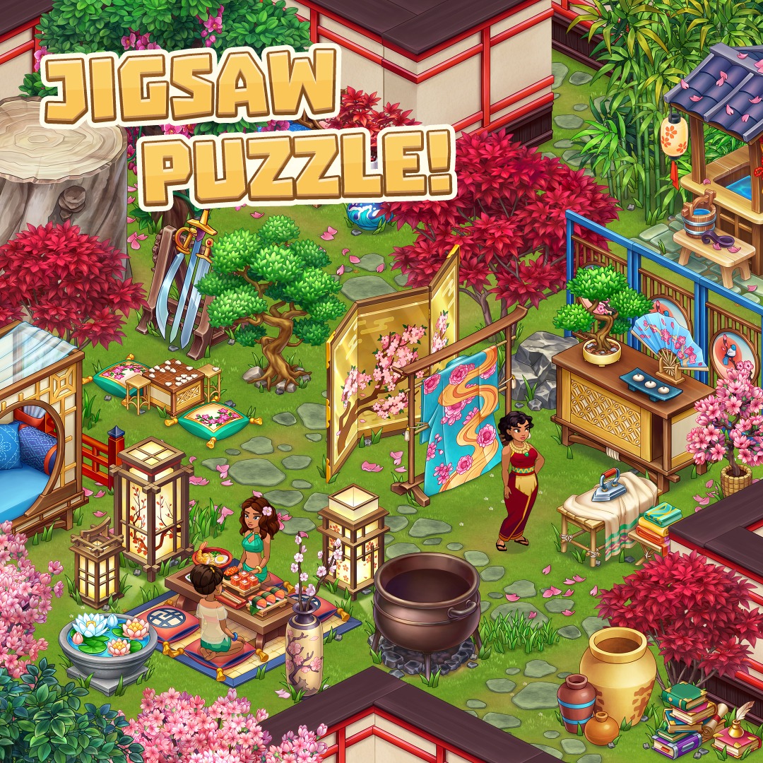Colorful illustrated garden courtyard with lanterns, tables, pottery, flowering trees, and two people