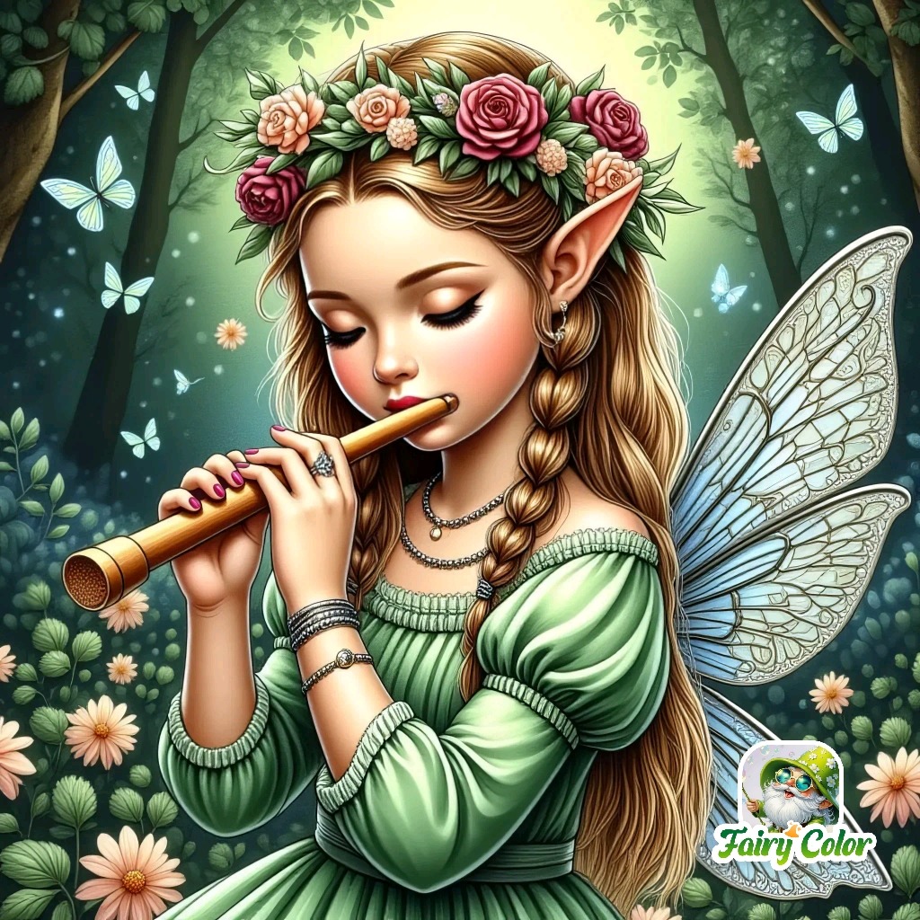 Fairy with braided hair, wings, and floral crown playing flute in magical forest with butterflies