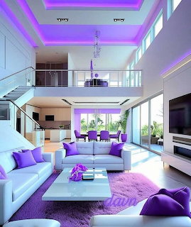 Modern two-story living room with purple accent lighting, white furniture, and open layout