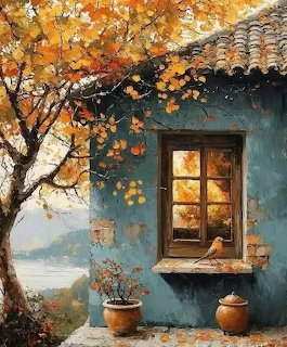 Illuminated cottage window surrounded by fall foliage and potted plants against a teal wall