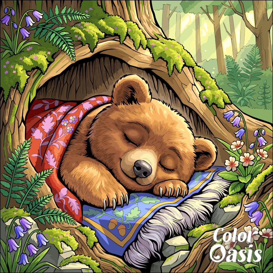 Illustration of a cute bear cub sleeping in a forest den covered with colorful blankets
