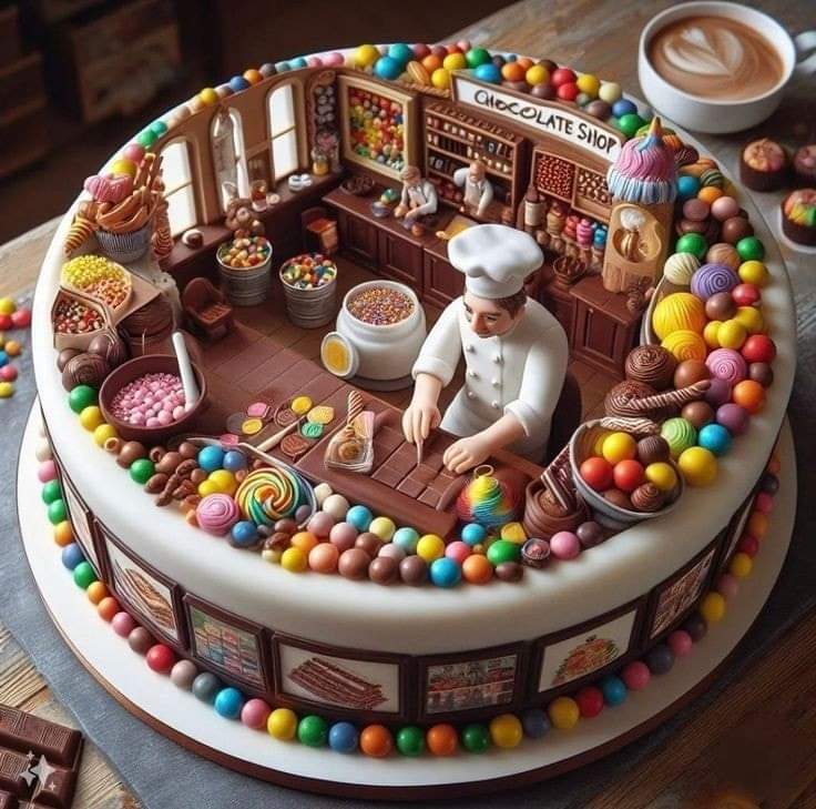 Decorated cake with miniature chocolate bakery scene, chef figure, and colorful candy border
