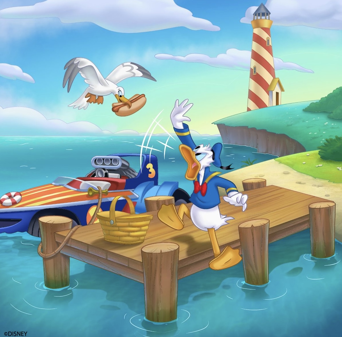 Donald Duck standing on wooden dock with lighthouse and seagulls flying above blue ocean water