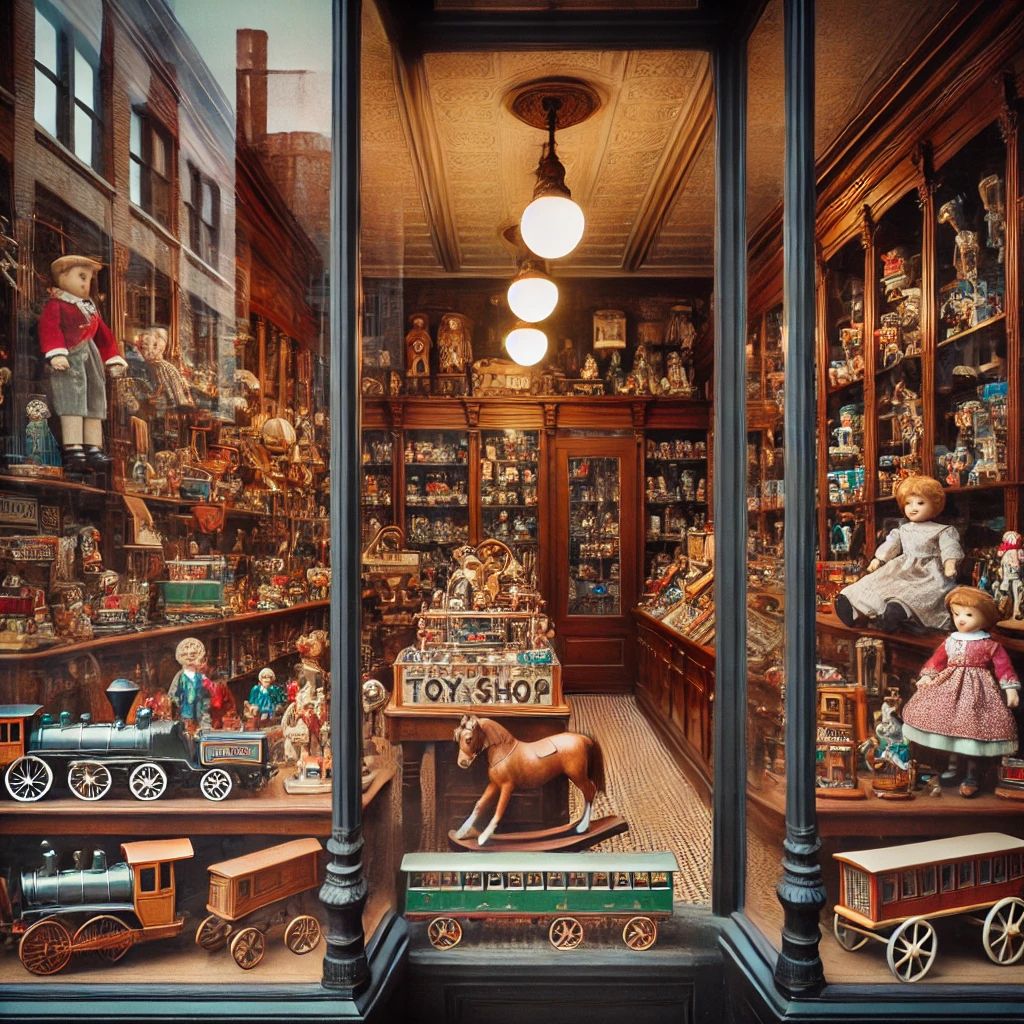 Vintage toy shop interior with dolls, toy trains, and wooden toys in warm lighting